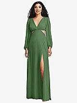 Front View Thumbnail - Vineyard Green Long Puff Sleeve Cutout Waist Chiffon Maxi Dress 