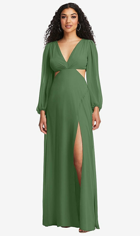 Front View - Vineyard Green Long Puff Sleeve Cutout Waist Chiffon Maxi Dress 