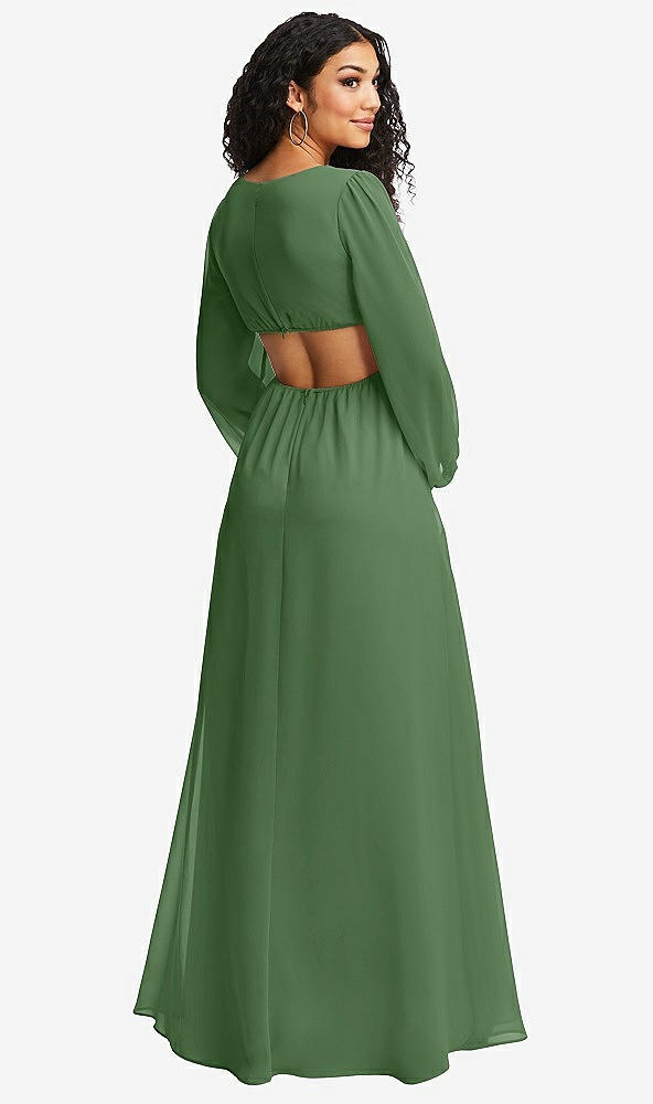 Back View - Vineyard Green Long Puff Sleeve Cutout Waist Chiffon Maxi Dress 