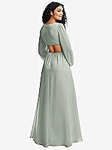 Rear View Thumbnail - Willow Green Long Puff Sleeve Cutout Waist Chiffon Maxi Dress 