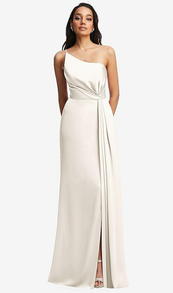 Front View - Ivory One-Shoulder Draped Skirt Satin Trumpet Gown