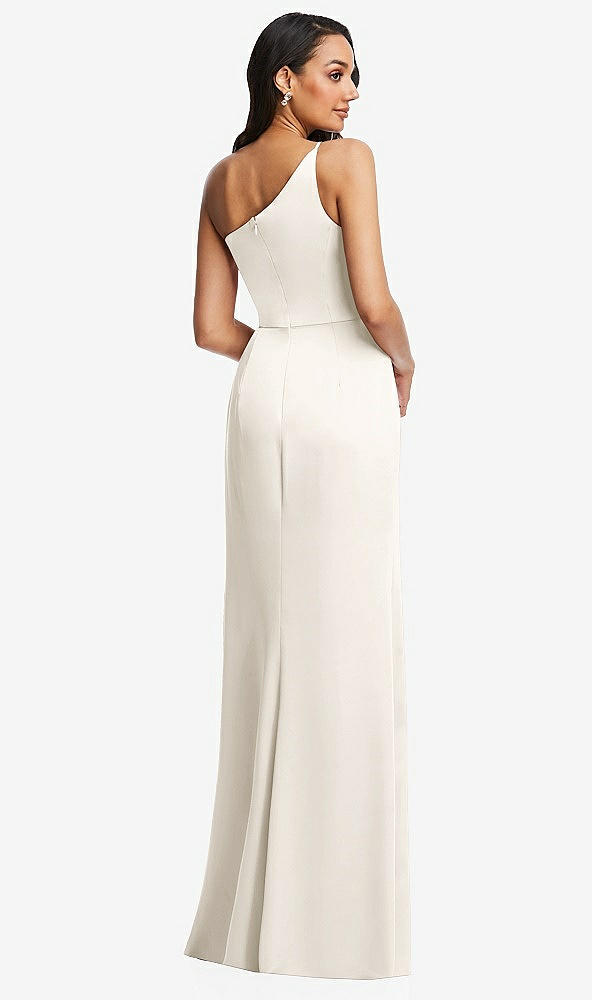 Back View - Ivory One-Shoulder Draped Skirt Satin Trumpet Gown