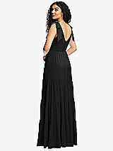 Rear View Thumbnail - Black Bow-Shoulder Faux Wrap Maxi Dress with Tiered Skirt