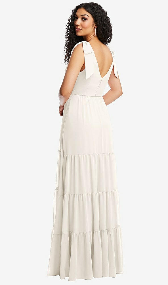 Back View - Ivory Bow-Shoulder Faux Wrap Maxi Dress with Tiered Skirt