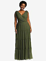 Alt View 1 Thumbnail - Olive Green Bow-Shoulder Faux Wrap Maxi Dress with Tiered Skirt