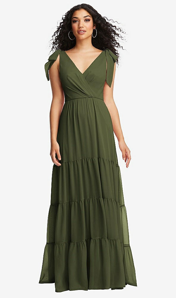 Front View - Olive Green Bow-Shoulder Faux Wrap Maxi Dress with Tiered Skirt
