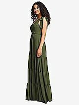 Side View Thumbnail - Olive Green Bow-Shoulder Faux Wrap Maxi Dress with Tiered Skirt