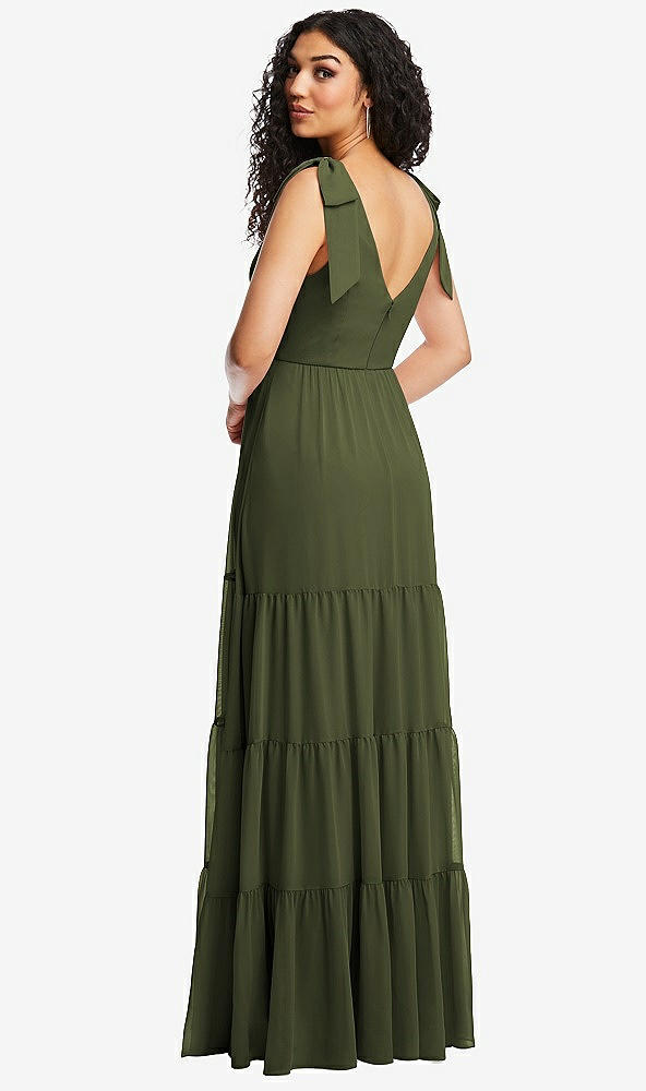 Back View - Olive Green Bow-Shoulder Faux Wrap Maxi Dress with Tiered Skirt
