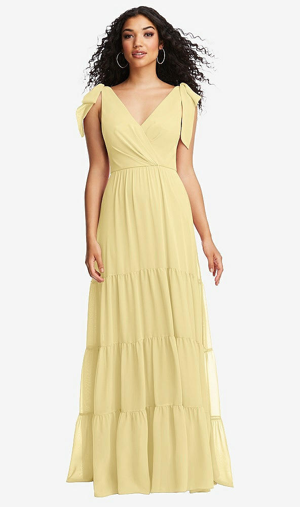 Front View - Pale Yellow Bow-Shoulder Faux Wrap Maxi Dress with Tiered Skirt