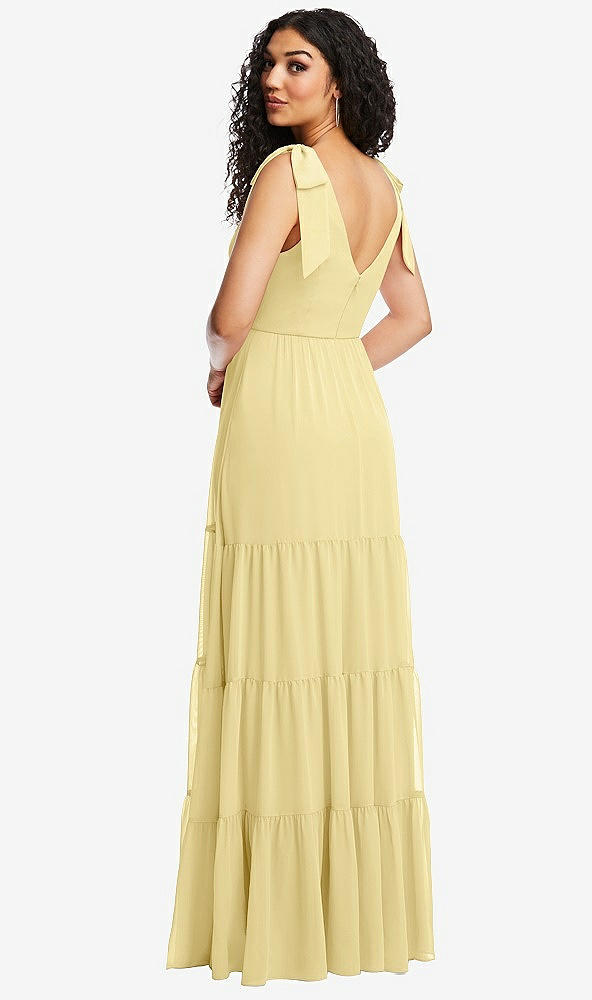 Back View - Pale Yellow Bow-Shoulder Faux Wrap Maxi Dress with Tiered Skirt