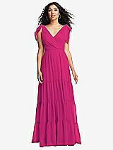 Front View Thumbnail - Think Pink Bow-Shoulder Faux Wrap Maxi Dress with Tiered Skirt