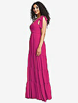 Side View Thumbnail - Think Pink Bow-Shoulder Faux Wrap Maxi Dress with Tiered Skirt