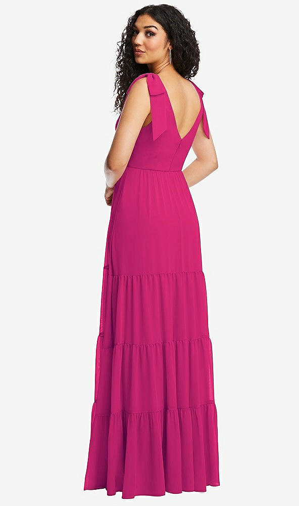Back View - Think Pink Bow-Shoulder Faux Wrap Maxi Dress with Tiered Skirt