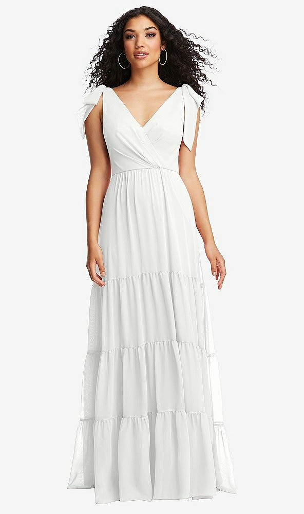 Front View - White Bow-Shoulder Faux Wrap Maxi Dress with Tiered Skirt