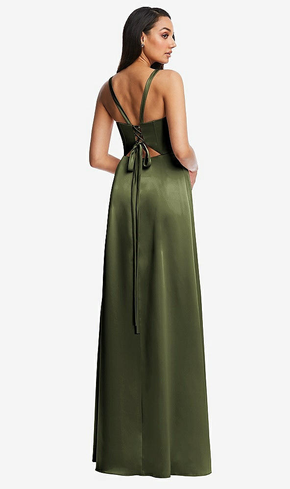 Back View - Olive Green Lace Up Tie-Back Corset Maxi Dress with Front Slit