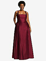 Alt View 1 Thumbnail - Burgundy Boned Corset Closed-Back Satin Gown with Full Skirt and Pockets