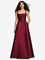 Front View Thumbnail - Burgundy Boned Corset Closed-Back Satin Gown with Full Skirt and Pockets