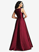 Rear View Thumbnail - Burgundy Boned Corset Closed-Back Satin Gown with Full Skirt and Pockets
