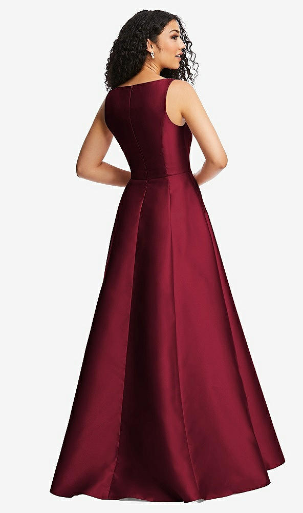 Back View - Burgundy Boned Corset Closed-Back Satin Gown with Full Skirt and Pockets