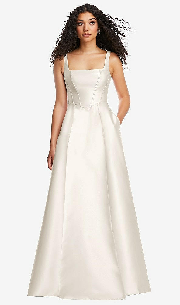 Front View - Ivory Boned Corset Closed-Back Satin Gown with Full Skirt and Pockets