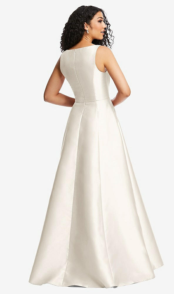 Back View - Ivory Boned Corset Closed-Back Satin Gown with Full Skirt and Pockets