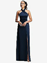 Front View Thumbnail - Midnight Navy Shawl Collar Open-Back Halter Maxi Dress with Pockets