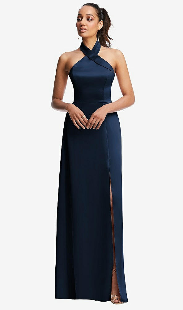 Front View - Midnight Navy Shawl Collar Open-Back Halter Maxi Dress with Pockets