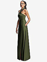 Side View Thumbnail - Olive Green Shawl Collar Open-Back Halter Maxi Dress with Pockets
