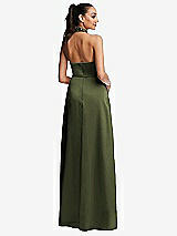 Rear View Thumbnail - Olive Green Shawl Collar Open-Back Halter Maxi Dress with Pockets