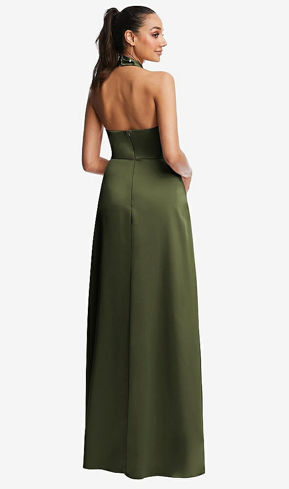 Back View - Olive Green Shawl Collar Open-Back Halter Maxi Dress with Pockets