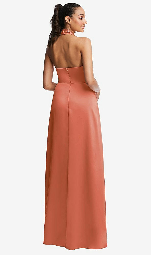 Back View - Terracotta Copper Shawl Collar Open-Back Halter Maxi Dress with Pockets
