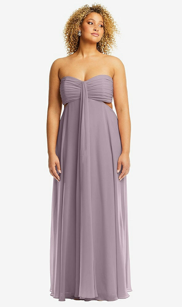 Front View - Lilac Dusk Strapless Empire Waist Cutout Maxi Dress with Covered Button Detail
