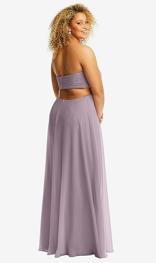 Back View - Lilac Dusk Strapless Empire Waist Cutout Maxi Dress with Covered Button Detail