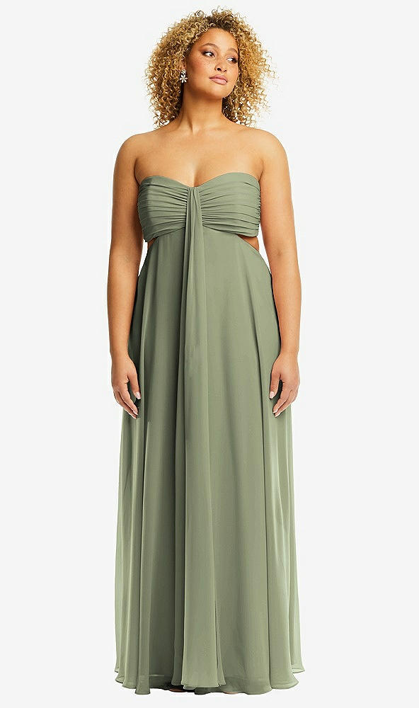 Front View - Sage Strapless Empire Waist Cutout Maxi Dress with Covered Button Detail