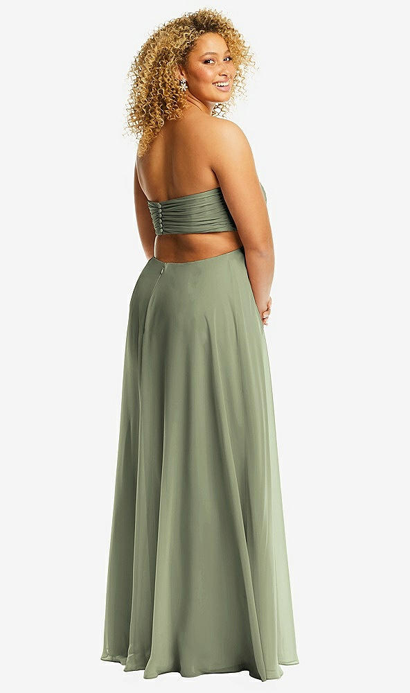 Back View - Sage Strapless Empire Waist Cutout Maxi Dress with Covered Button Detail