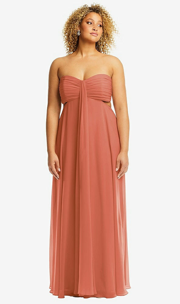 Front View - Terracotta Copper Strapless Empire Waist Cutout Maxi Dress with Covered Button Detail