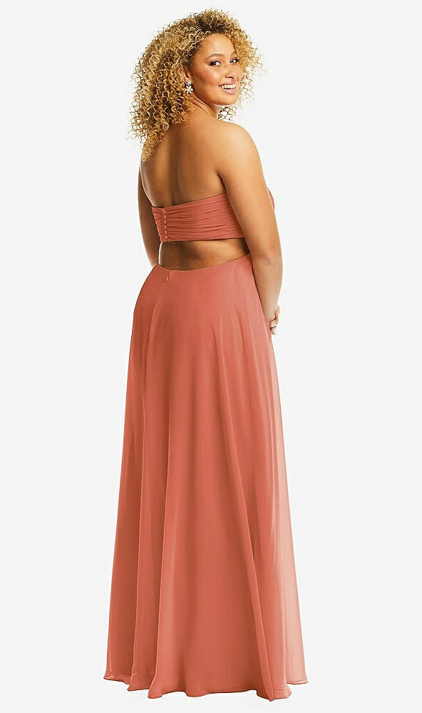 Back View - Terracotta Copper Strapless Empire Waist Cutout Maxi Dress with Covered Button Detail