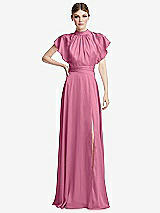 Front View Thumbnail - Orchid Pink Shirred Stand Collar Flutter Sleeve Open-Back Maxi Dress with Sash