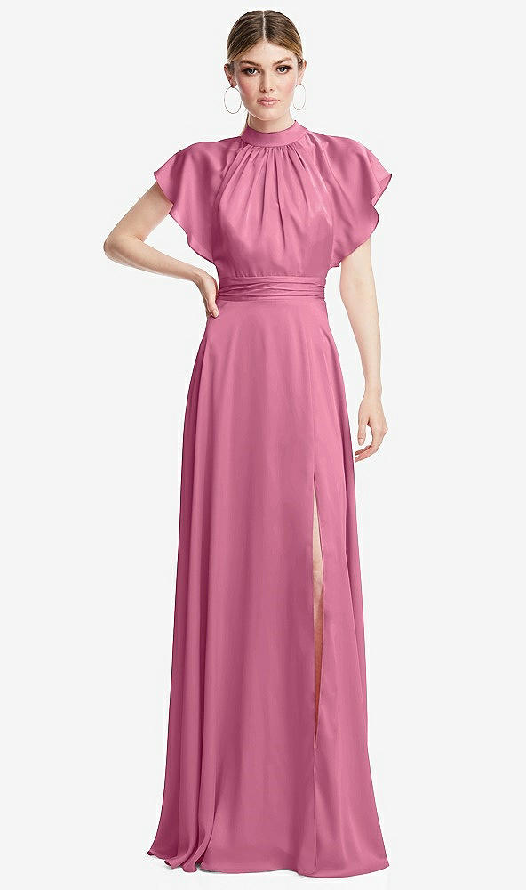 Front View - Orchid Pink Shirred Stand Collar Flutter Sleeve Open-Back Maxi Dress with Sash