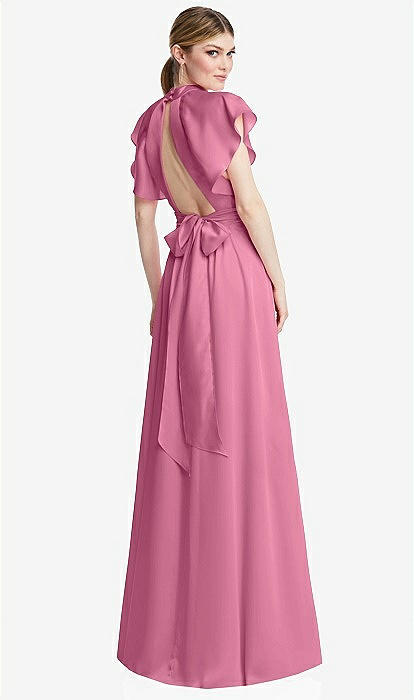 Shirred Stand Collar Flutter Sleeve Open-Back Maxi Dress with Sash