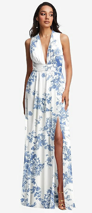 Flutter Sleeve Cutout Tie-back Maxi Bridesmaid Dress With Tiered Ruffle  Skirt In Cottage Rose Dusk Blue