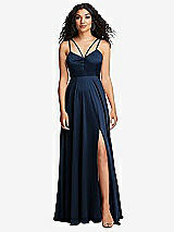 Front View Thumbnail - Midnight Navy Dual Strap V-Neck Lace-Up Open-Back Maxi Dress