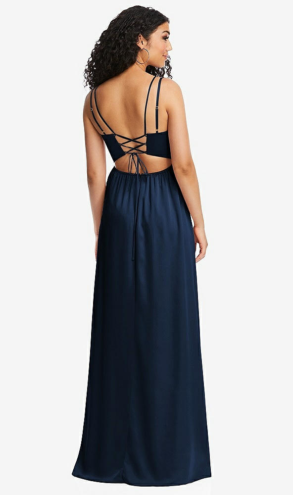 Back View - Midnight Navy Dual Strap V-Neck Lace-Up Open-Back Maxi Dress