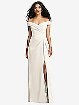 Front View Thumbnail - Ivory Cuffed Off-the-Shoulder Pleated Faux Wrap Maxi Dress