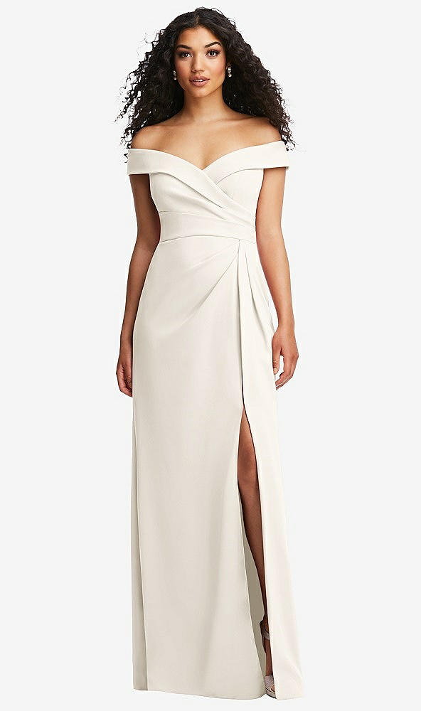 Front View - Ivory Cuffed Off-the-Shoulder Pleated Faux Wrap Maxi Dress