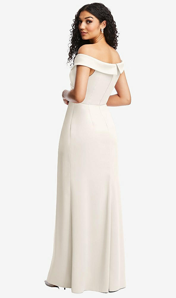 Back View - Ivory Cuffed Off-the-Shoulder Pleated Faux Wrap Maxi Dress