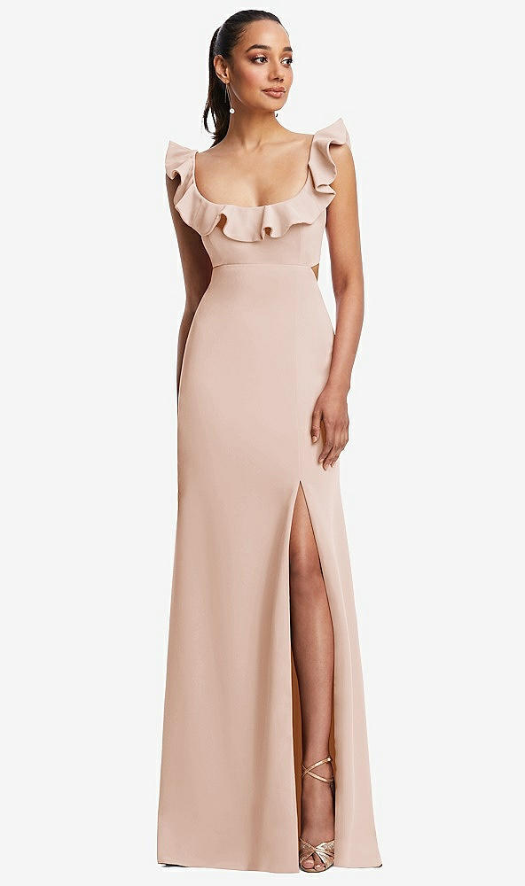 Front View - Cameo Ruffle-Trimmed Neckline Cutout Tie-Back Trumpet Gown