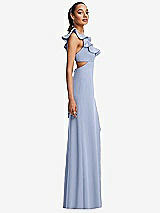 Side View Thumbnail - Sky Blue Ruffle-Trimmed Neckline Cutout Tie-Back Trumpet Gown