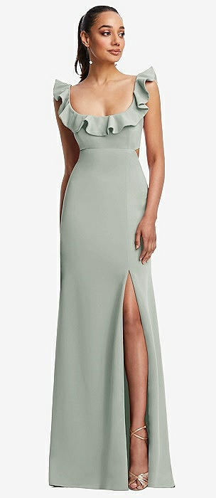 Scoop Neck Convertible Tie-strap Maxi Bridesmaid Dress With Front Slit In  Willow Green