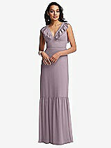Front View Thumbnail - Lilac Dusk Tiered Ruffle Plunge Neck Open-Back Maxi Dress with Deep Ruffle Skirt
